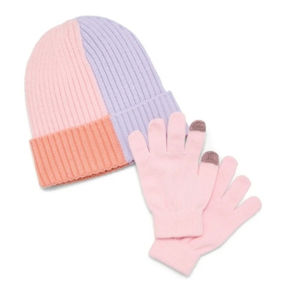 🧩♡Wonder Nation Girls Color Block Ribbed Cuffed Beanie and Gloves Set